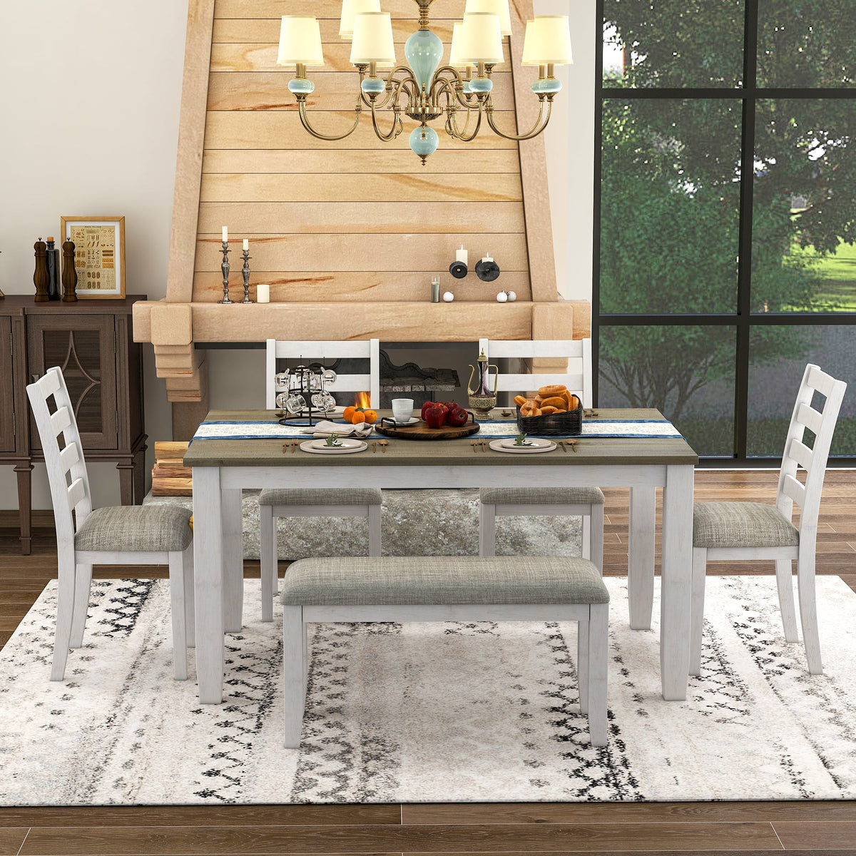 Rustic Upholstered With A 4 CoSoTower Whitewash Table Style Chairs Brown 6-Piece Dining & + Bench, Set Room