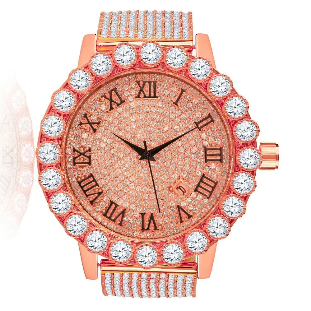 Rose Stainless Custom Finish Dial Lab Diamond Steel W/Date Khronos Bezel Gold 18K Watch Iced Row Out Roman 10 Men's Band Solitaire Back