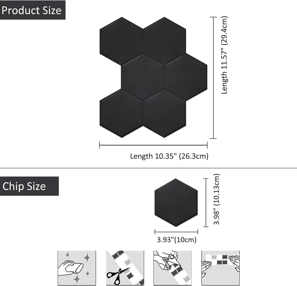 Real and Self Matte Black Tiles Bathroom(11.57''x10.35'',10-Sheet) Hexagon Big Adhesive 3D Stick Kitchen Peel PET Backsplash for