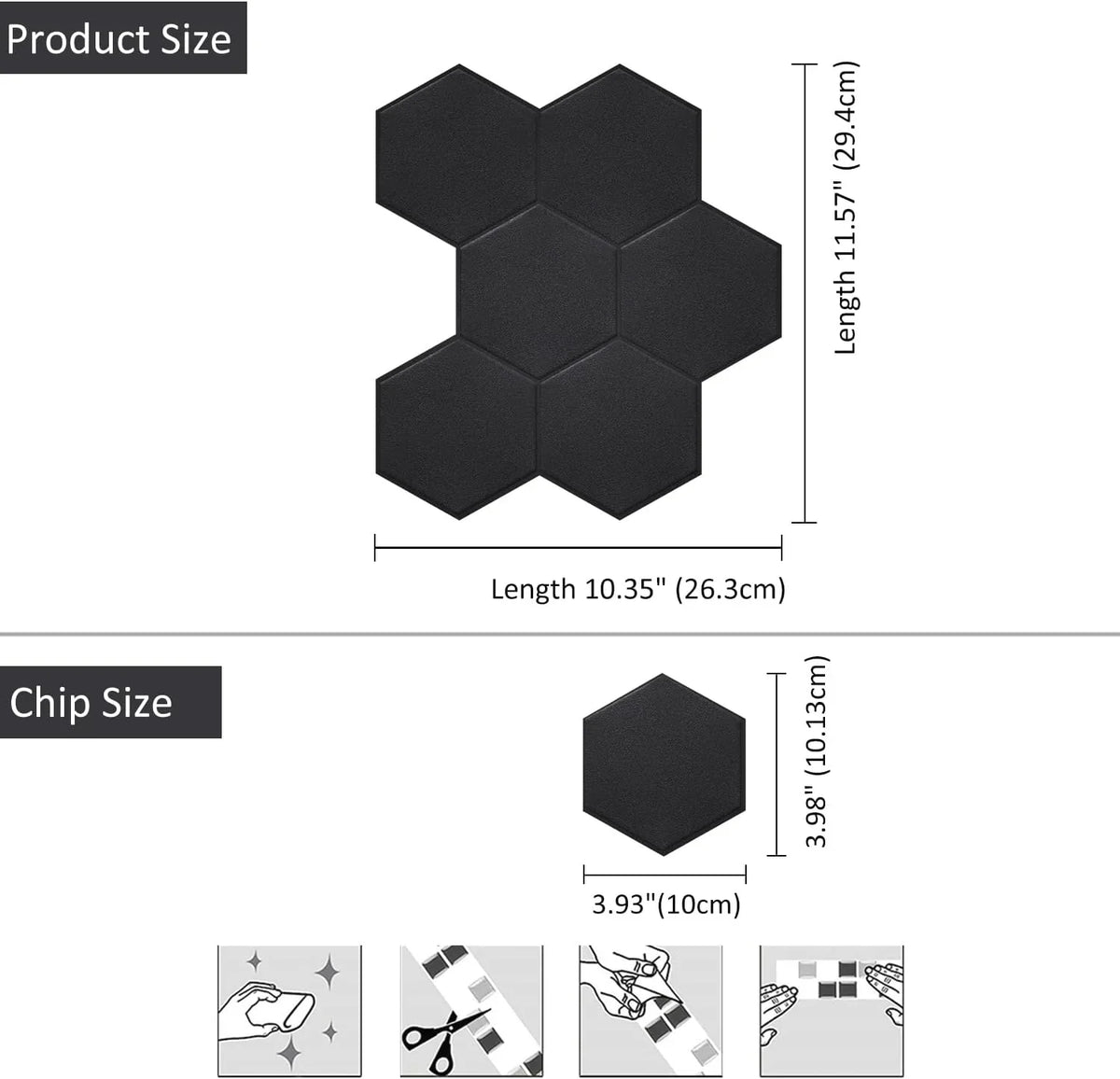 Real and Self Matte Black Tiles Bathroom(11.57''x10.35'',10-Sheet) Hexagon Big Adhesive 3D Stick Kitchen Peel PET Backsplash for