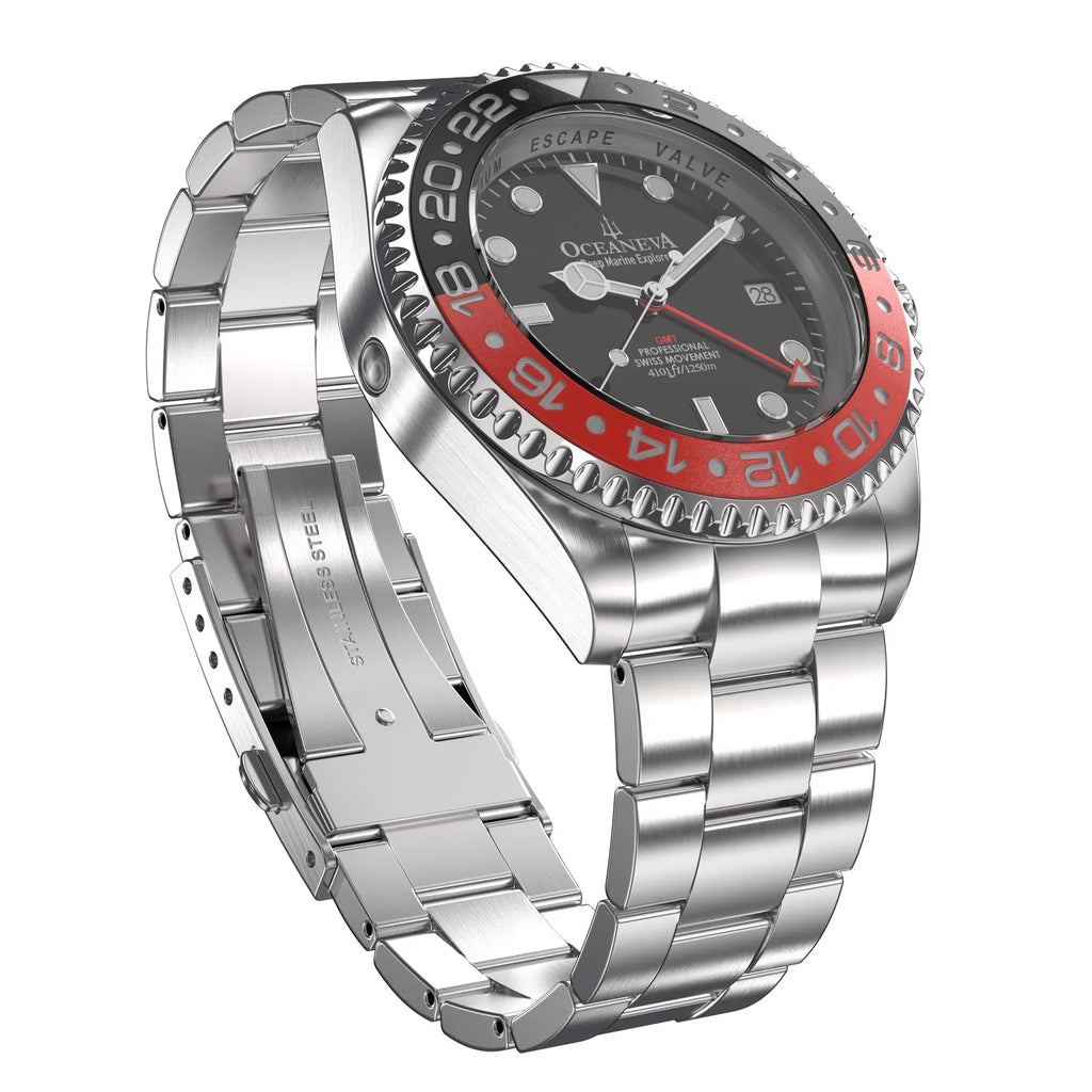 Men's Marine Diver Stainless and Explorer Swiss Movement 1250M Black- Watch Pro Bracelet Steel Oceaneva™ GMT Quartz, Red Deep