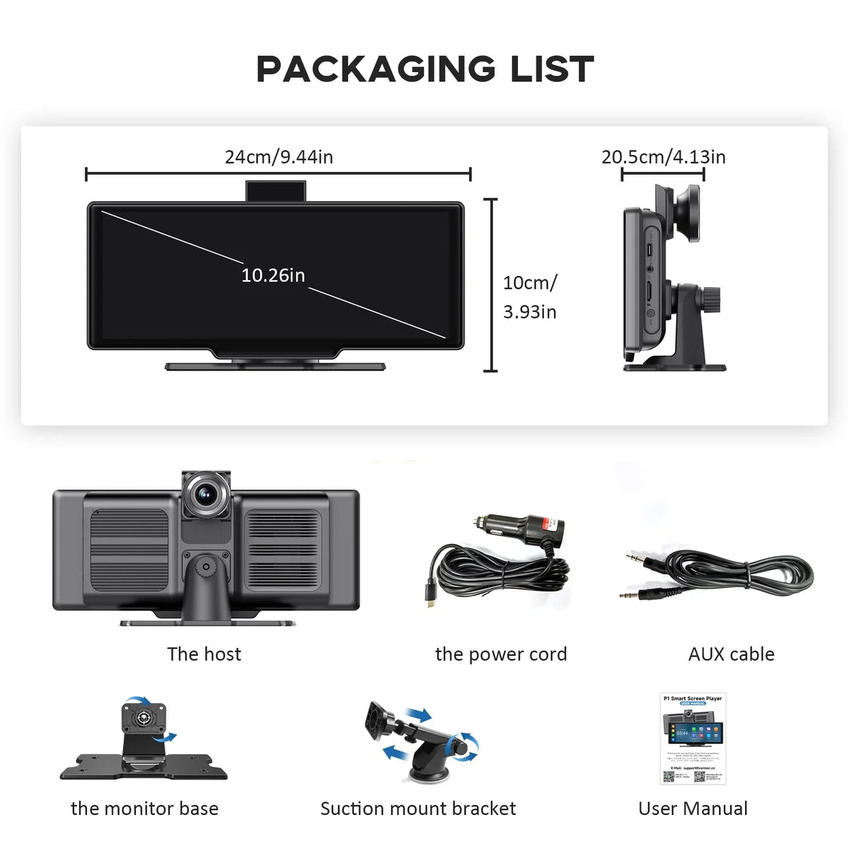 Herilary Stereo with Adapter Cam, Wireless Carplay Screen Mirror Car Apple Android Car Carplay Play 2.5K Dash Auto Link/Siri/Wifi/Bluetooth/Double Wireless 10.26" Screen Din Touch