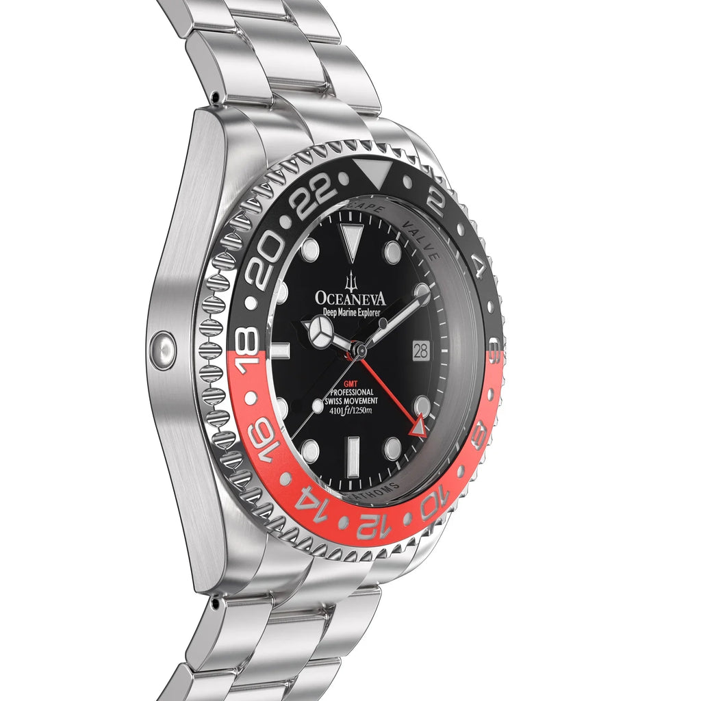Men's Marine Diver Stainless and Explorer Swiss Movement 1250M Black- Watch Pro Bracelet Steel Oceaneva™ GMT Quartz, Red Deep