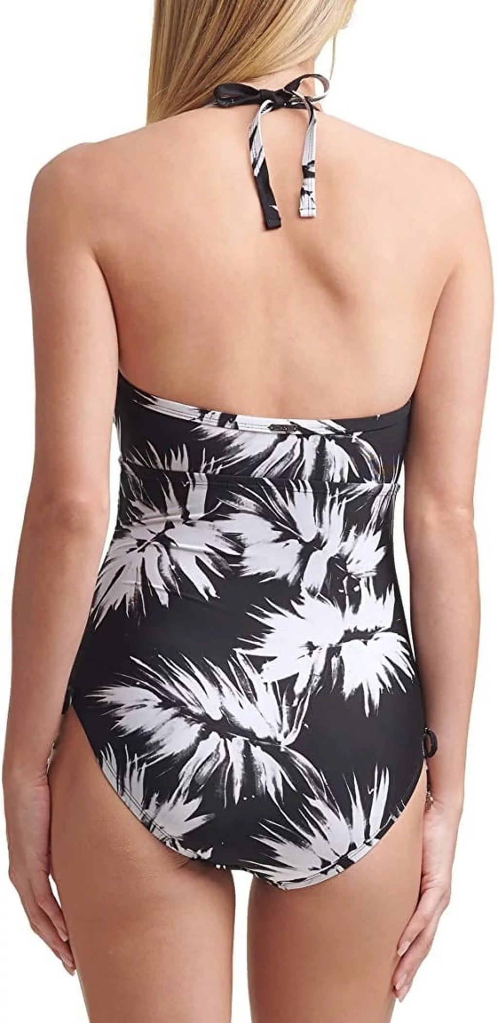 Printed Swimsuit, DKNY 18 Black/White, Adjustable Halter One-Piece Womens Side