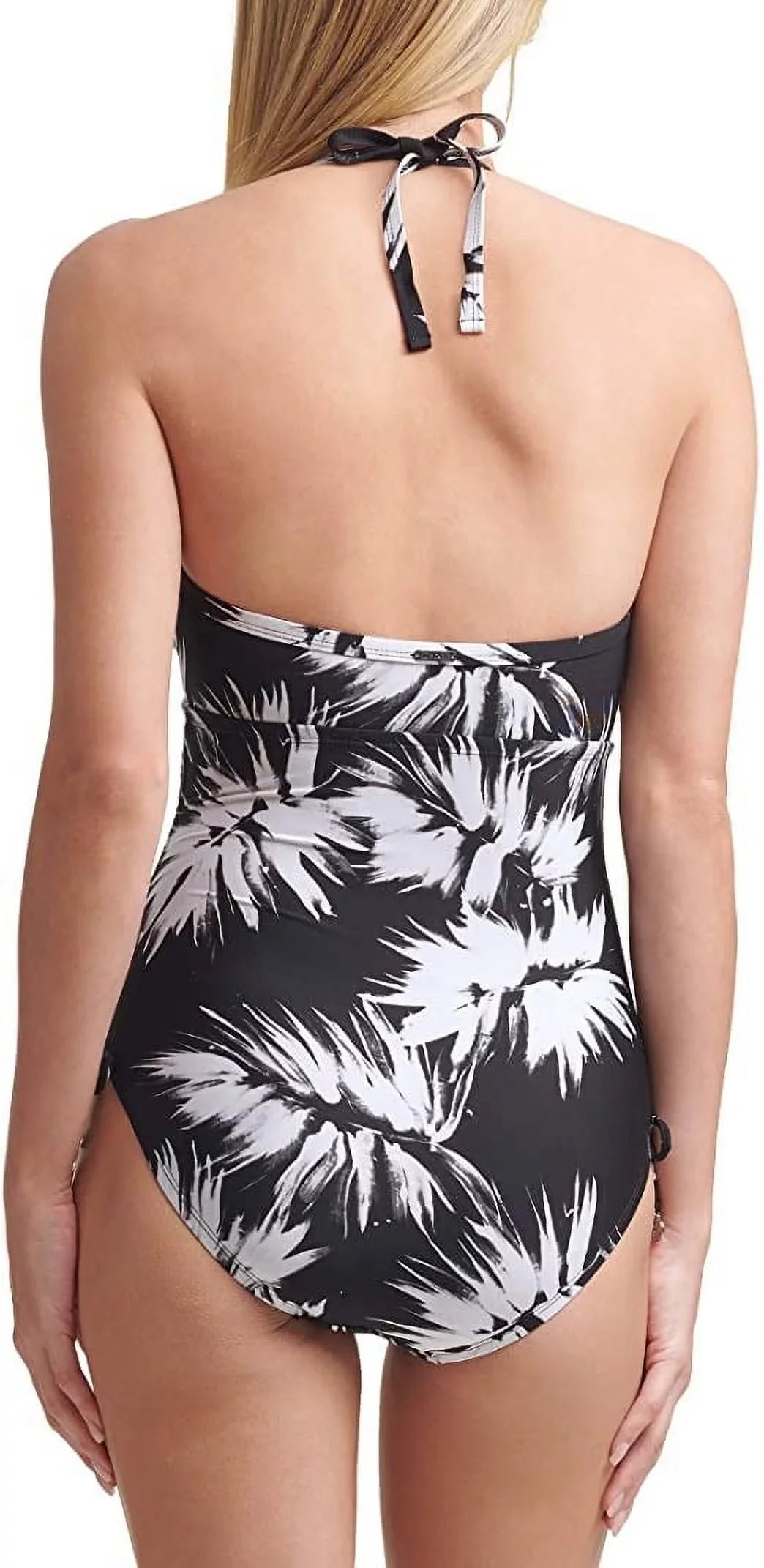 Printed Swimsuit, DKNY 18 Black/White, Adjustable Halter One-Piece Womens Side