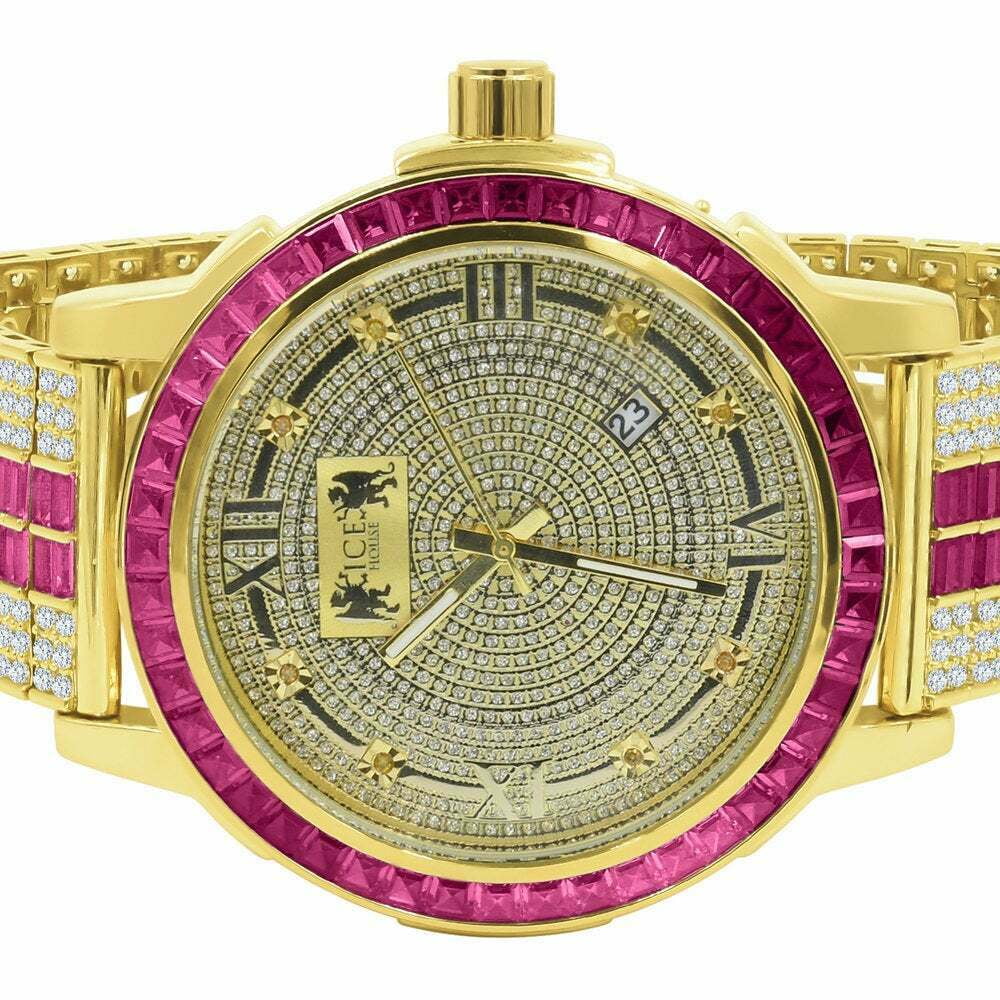 Stainless Gold Tourmaline Bezel Pink Mens Dial Watch Real Steel Tone Custom Diamond