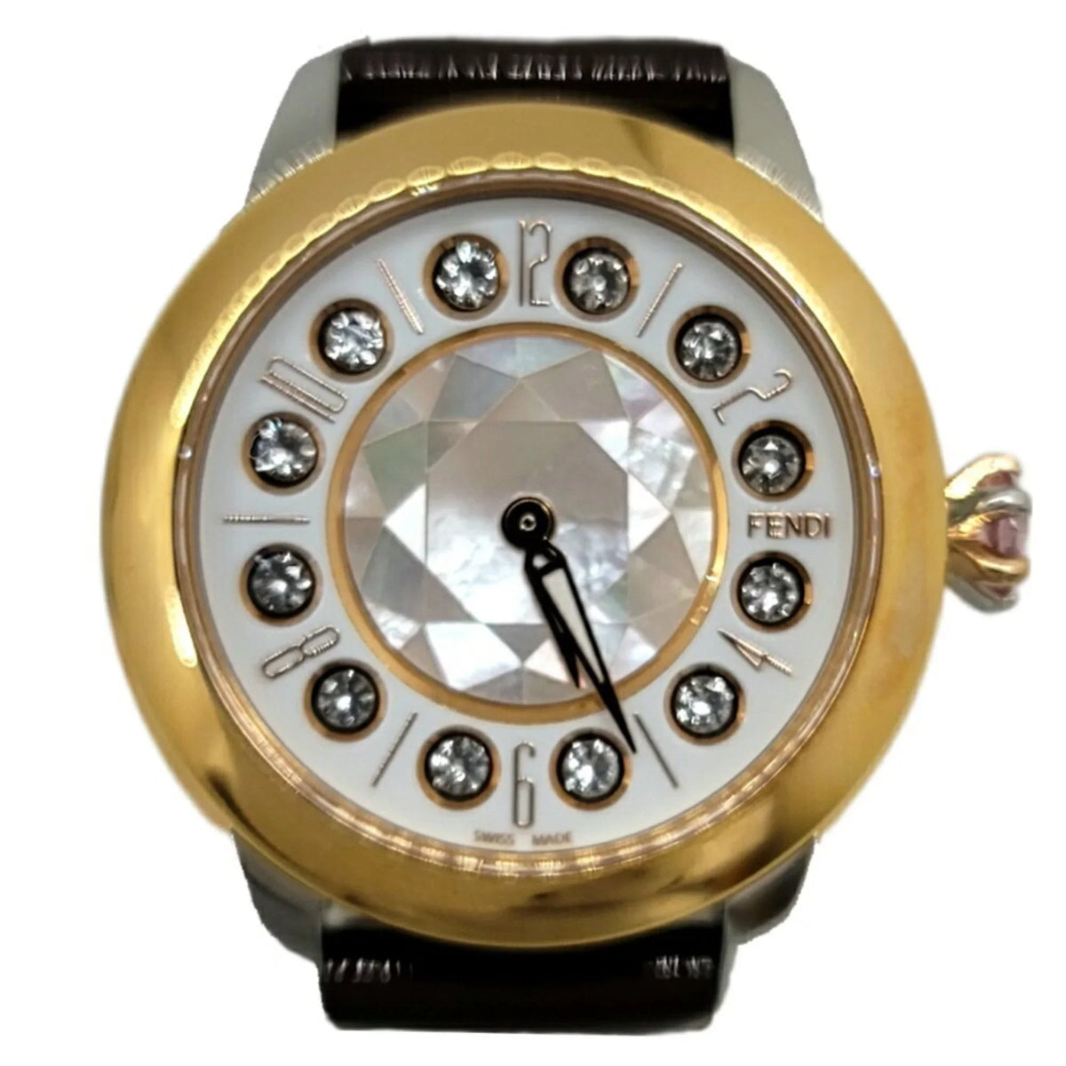 New) (Like Eye Spinel Clock Black Topaz SS Quartz FENDI Fendi Fashionable Colors Watch Enamel 3 Brown Women's Belt Shine Pre-Owned Shell