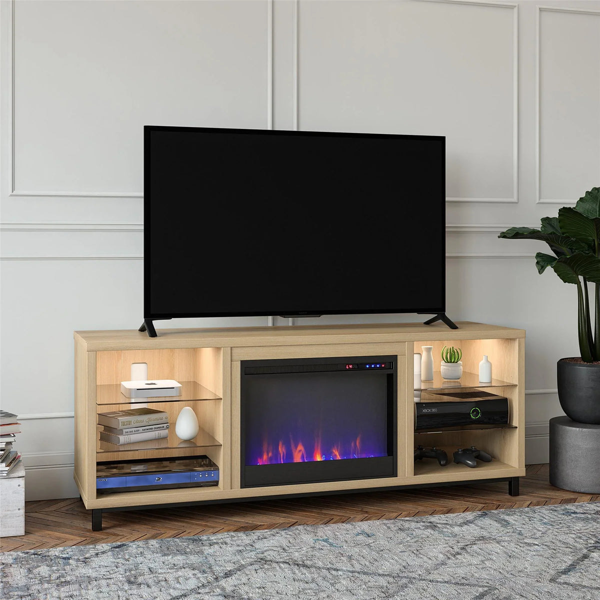 Stand Home Blonde TV to up in for Ameriwood TVs Lumina Deluxe 70" Oak Fireplace