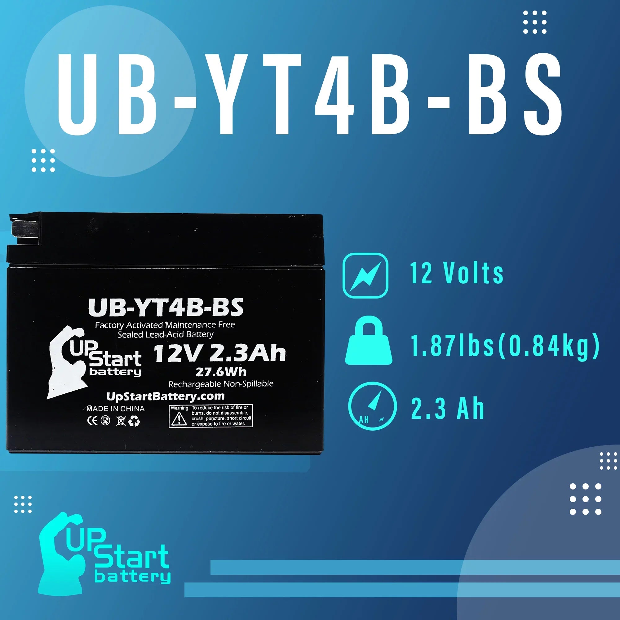 '- Factory 12V, Motorcycle for Battery UB-YT4B-BS Yamaha 4-Pack 400CC Maintenance SR400 2.3Ah, UpStart Free, Activated, Replacement 2004 Battery
