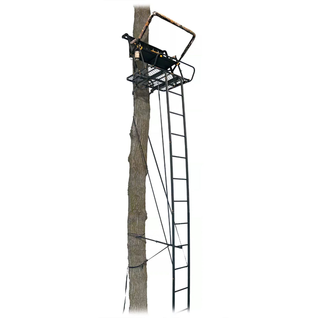 MLS2601 2 Ladder Tall Stand Hunting Tree 20 Ft Muddy Deer Nexus XTL Person
