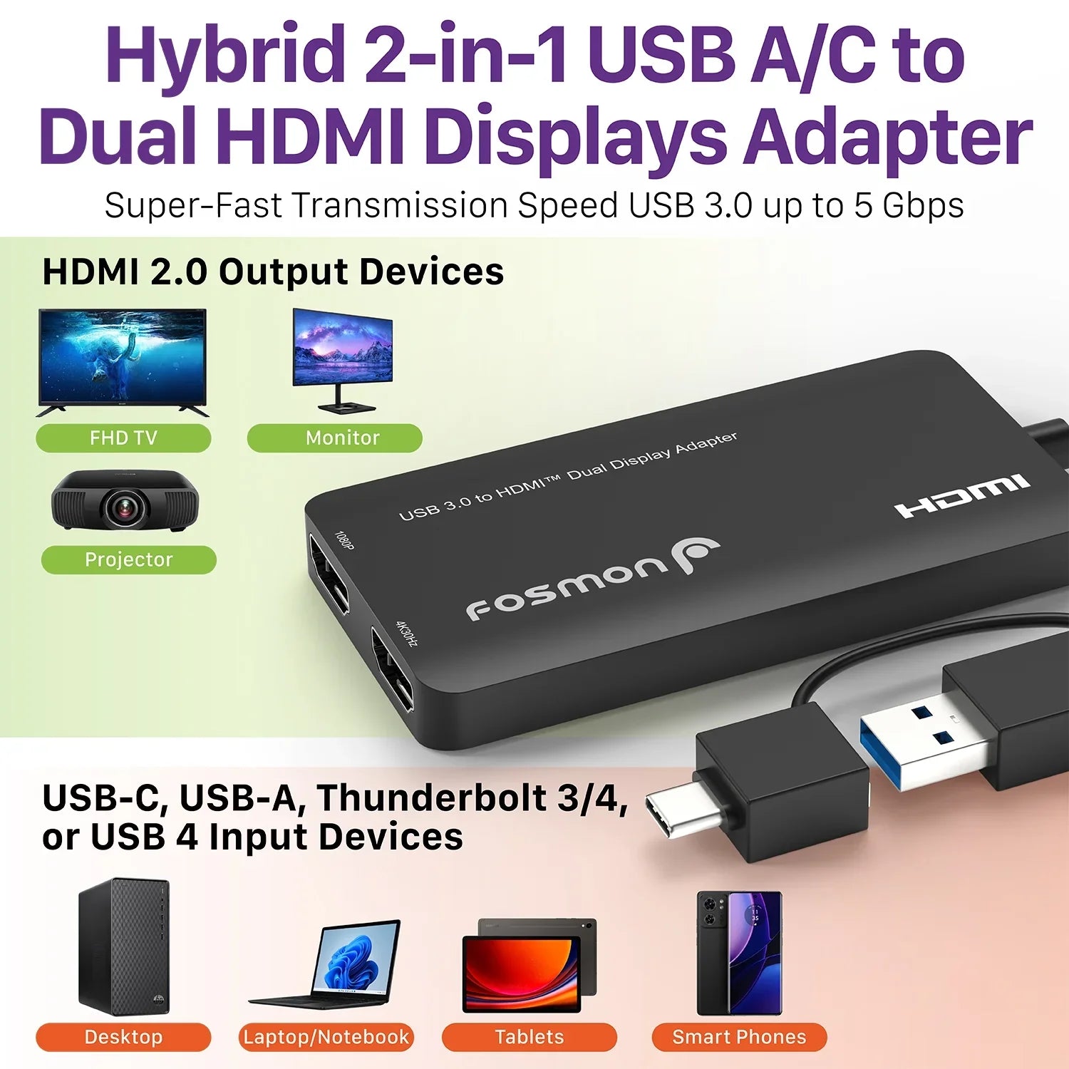 Dual USB-C, Graphics Fosmon USB Monitors Mac Windows Adapter, OS Support Displays 4 3/4, Thunderbolt USB 3.0 Splitter Monitor & Video USB-A, 4K@30Hz+1080P@60Hz, Display to 2.0 HDMI HDMI Adapter, for 6