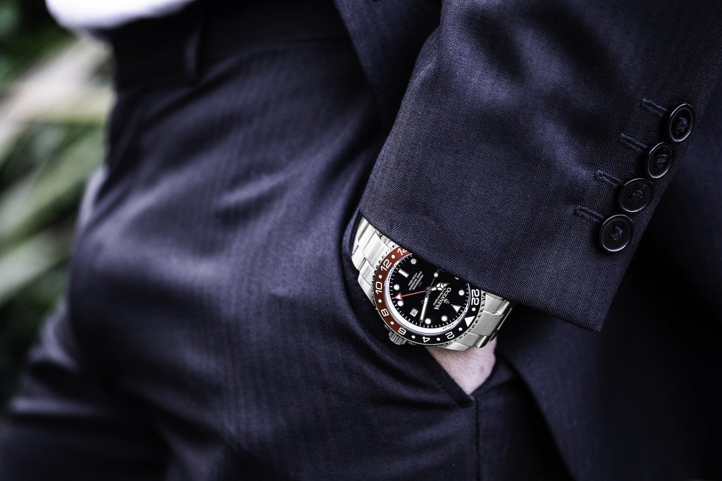 Men's Marine Diver Stainless and Explorer Swiss Movement 1250M Black- Watch Pro Bracelet Steel Oceaneva™ GMT Quartz, Red Deep