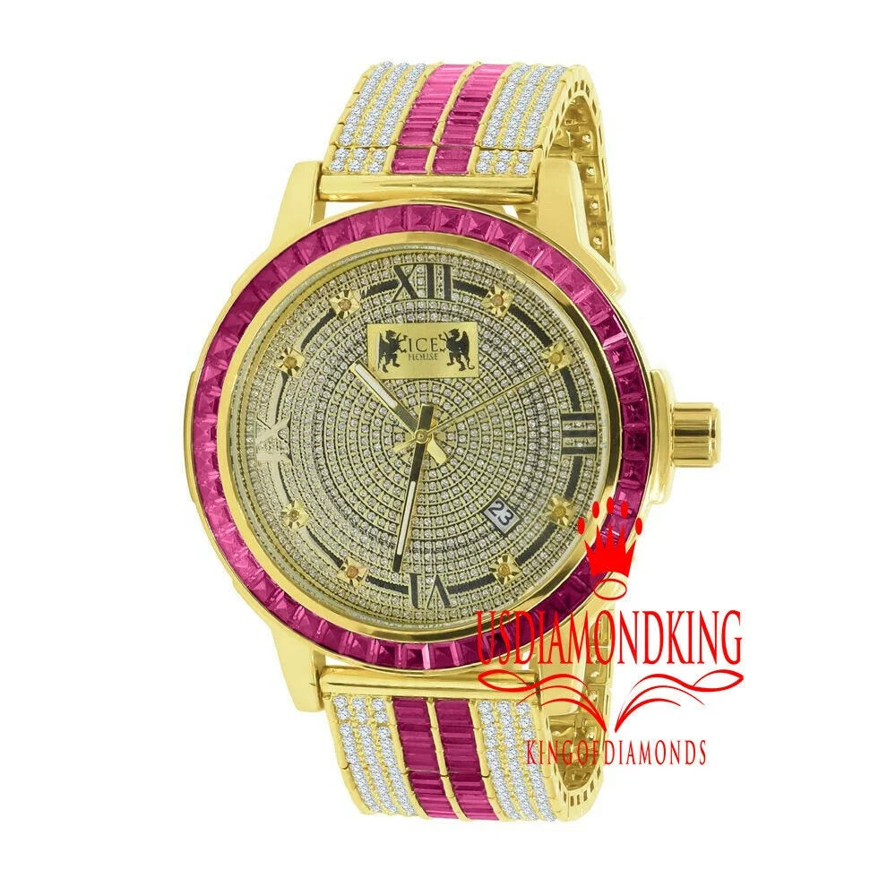 Stainless Gold Tourmaline Bezel Pink Mens Dial Watch Real Steel Tone Custom Diamond