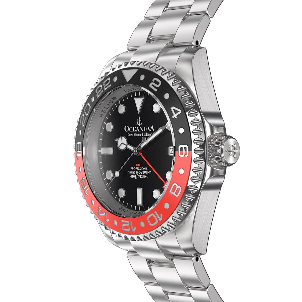 Men's Marine Diver Stainless and Explorer Swiss Movement 1250M Black- Watch Pro Bracelet Steel Oceaneva™ GMT Quartz, Red Deep