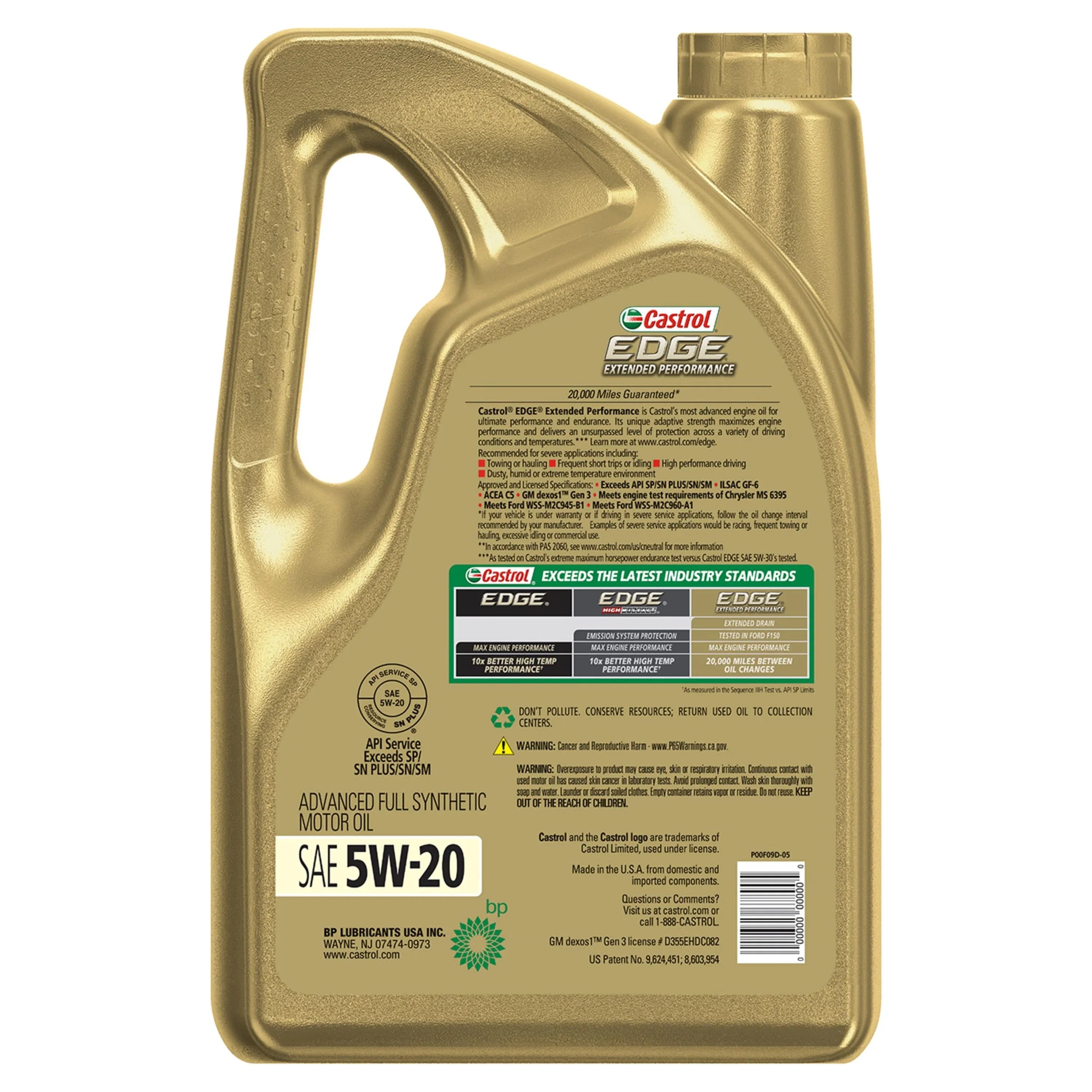 Advanced 5W-20 Synthetic Motor Oil, Castrol Extended EDGE 5 Quarts Performance Full