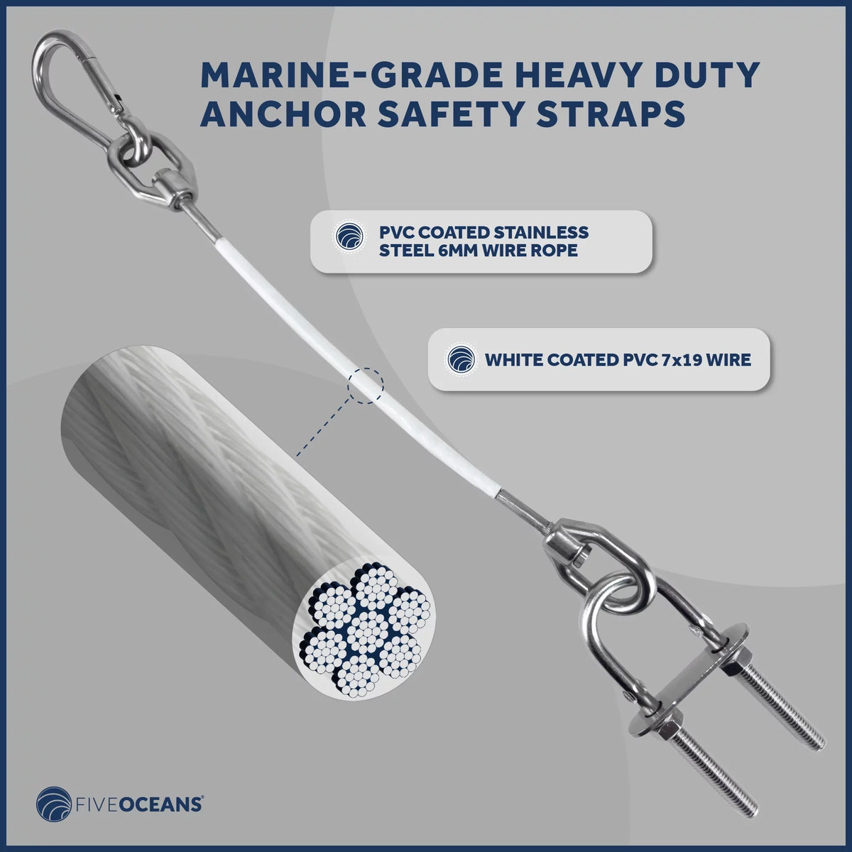 '- FO4560 Five PVC Straps, Wire Safety and Oceans 5/16-Inch Steel 7x19 U-Bolt 12-Inch Snap Duty Hook Anchor Rope, Heavy Includes Stainless Coated 5/16-Inch Carabiner 6mm