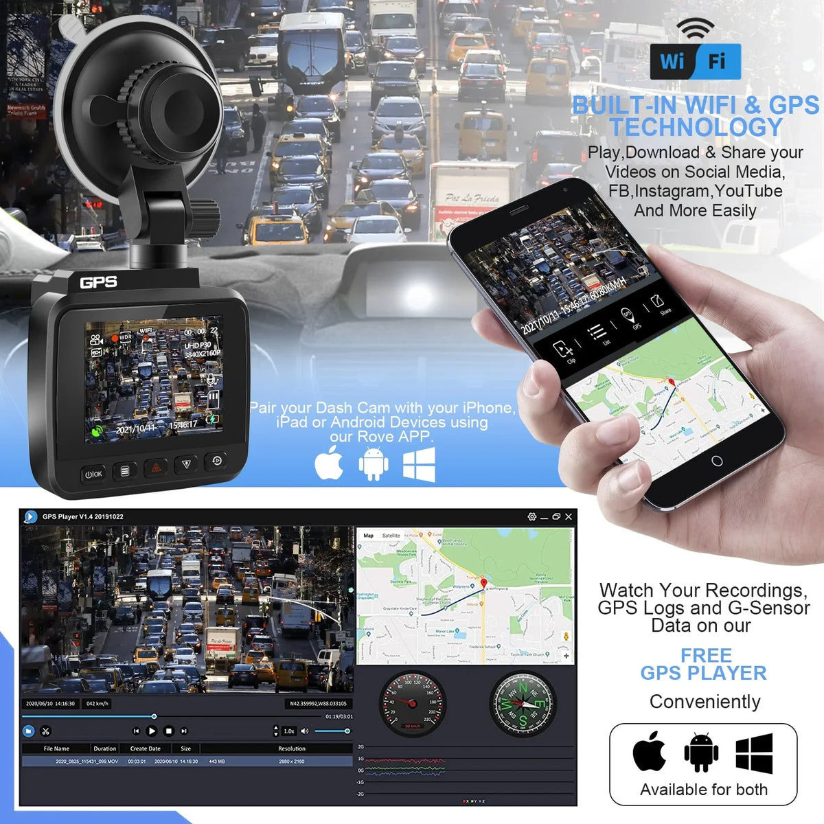 Driving 2160P & FHD Built-in 170° 4K Car for Recording, Rear Recorder Cam G-Sensor, Angle and Dash Camera, WDR, Monitor, Cam Night Parking Cars, Front with GPS Wide WiFi with Vision, Dash Loop