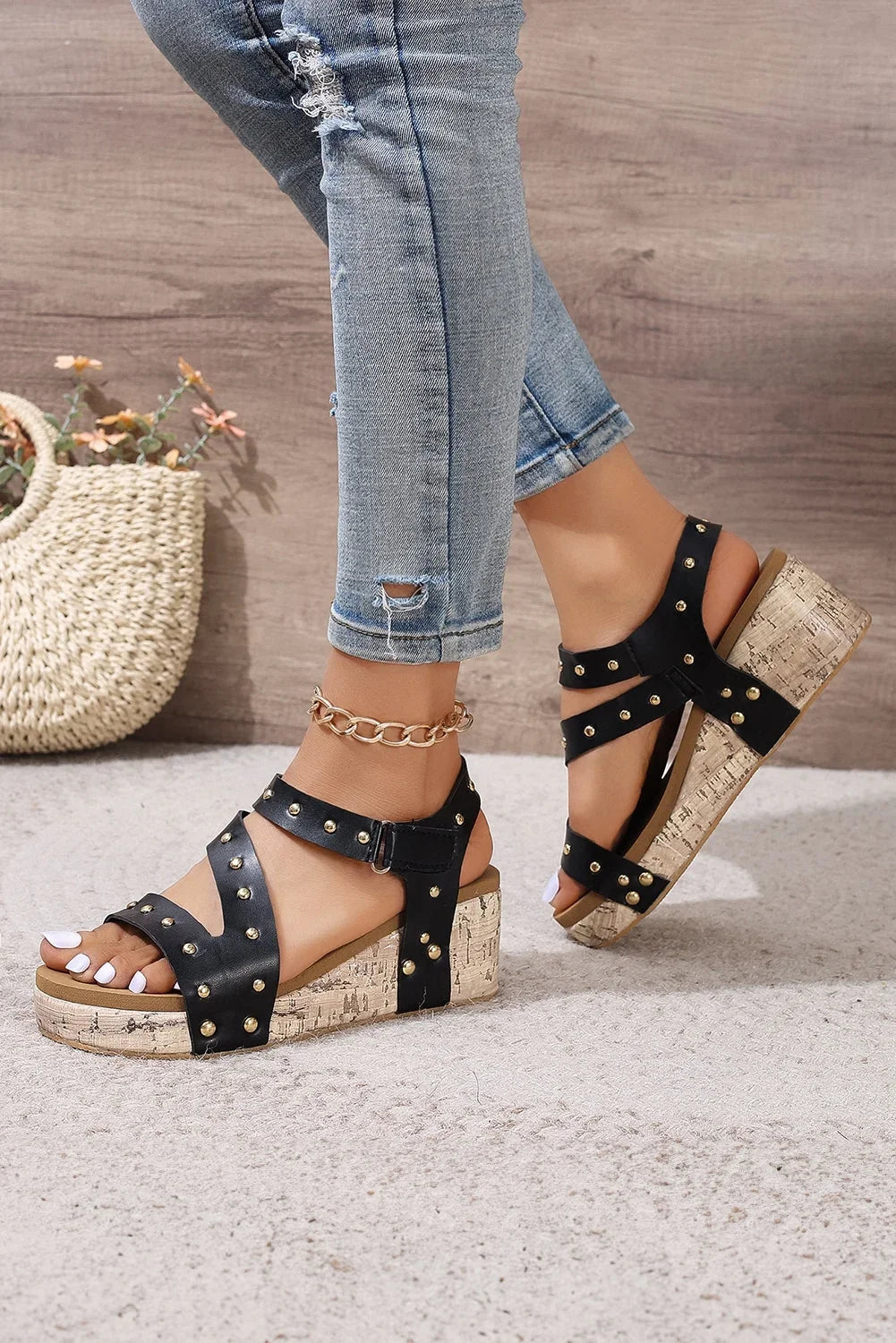 Sandals Wedge Hollow Out Black Rivet Leather