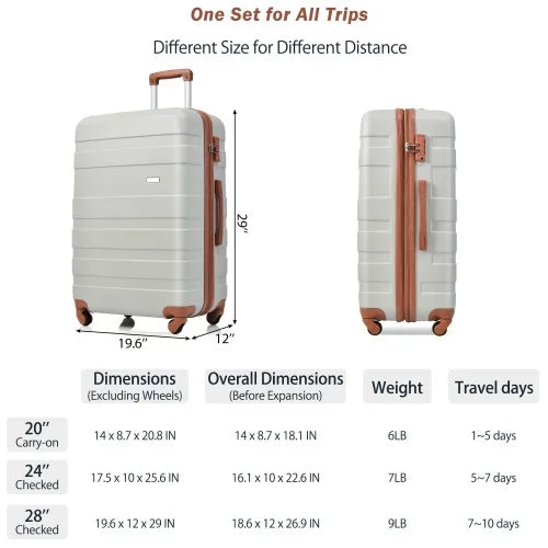 New and Hardshell Suitcase with Suitcase Brown) Sets 3pcs Grey ABS Luggage TSA 20''24''28''( Spinner Luggage sets Light Expandable Clearance Durable Lock Wheels Hardside Lightweight Model