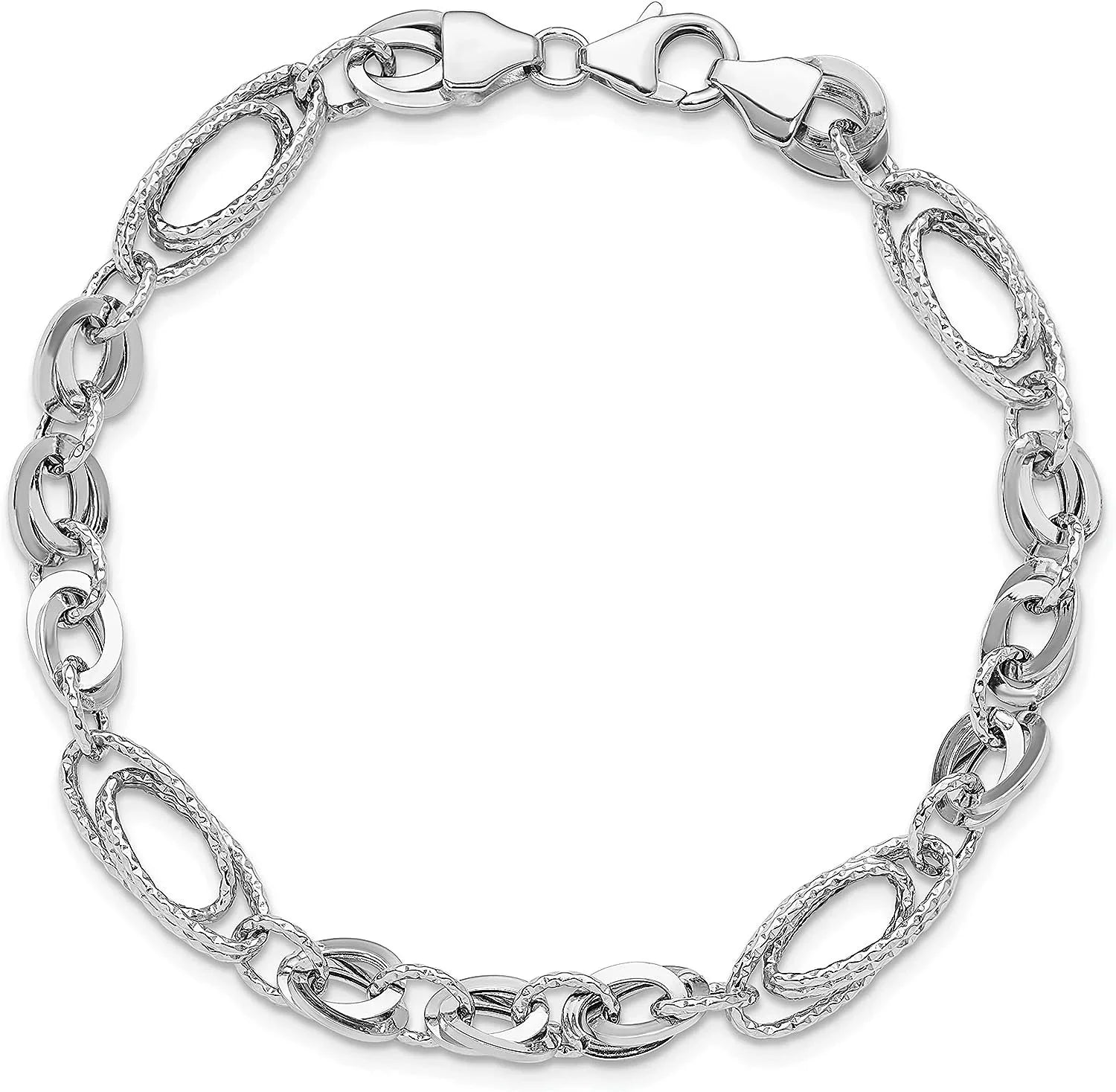 Oval Polished White Avariah Gold Fancy Italy Bracelet Textured 7.75"- 14k Made Diamonds Link In - &