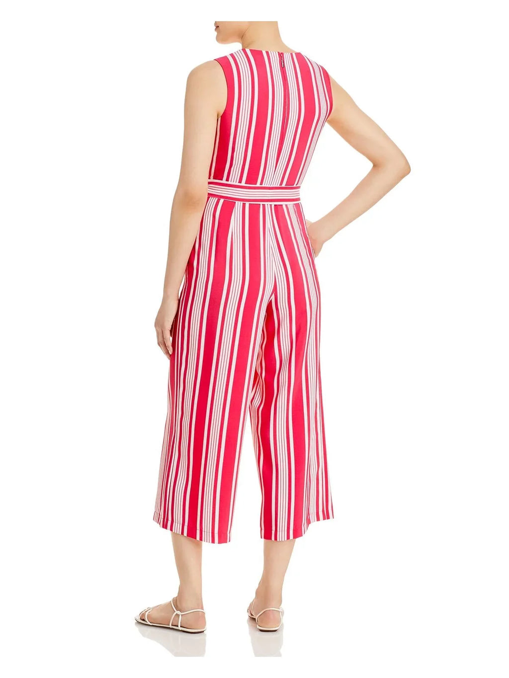 Pink Pocketed Neckline To Work LAGERFELD Tie Leg Striped Jumpsuit Wear KARL Zippered Sleeveless Womens 2 Self Surplice Wide Sash