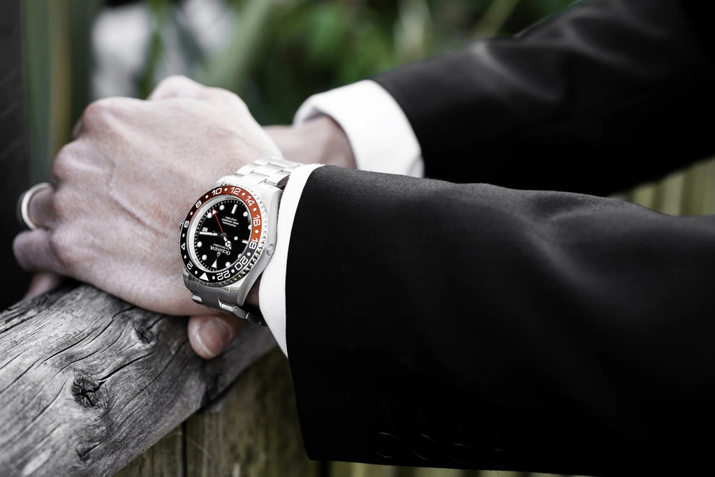 Men's Marine Diver Stainless and Explorer Swiss Movement 1250M Black- Watch Pro Bracelet Steel Oceaneva™ GMT Quartz, Red Deep