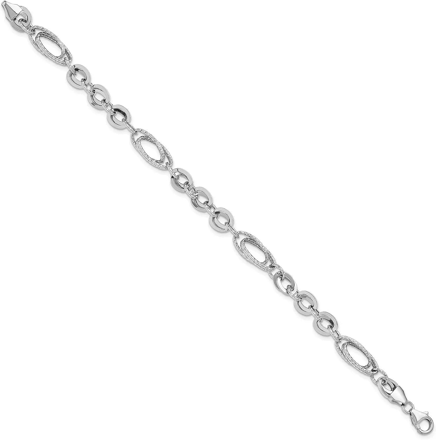 Oval Polished White Avariah Gold Fancy Italy Bracelet Textured 7.75"- 14k Made Diamonds Link In - &