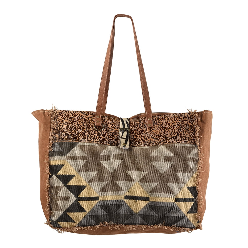 OHLAY Genuine KB Upcycled Wool women bag KB228 Leather western Embossed handbag TOTE Canvas Upcycled purse