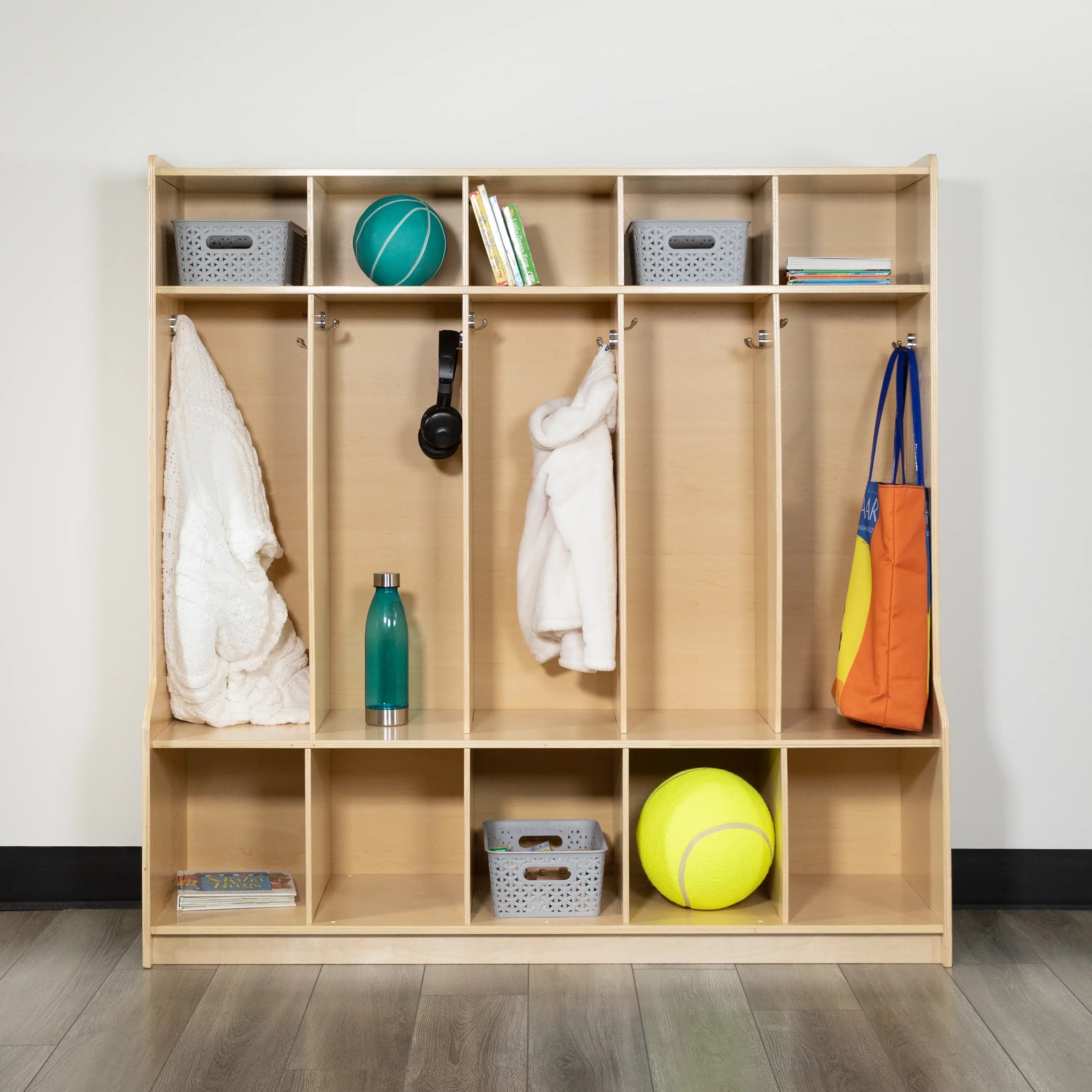 Cubbies, - Kid 48"L Storage Bench, and Friendly Wooden Design (Natural) 48"H BizChair Organizer School Section Hook-Safe, with x 5 Coat Locker