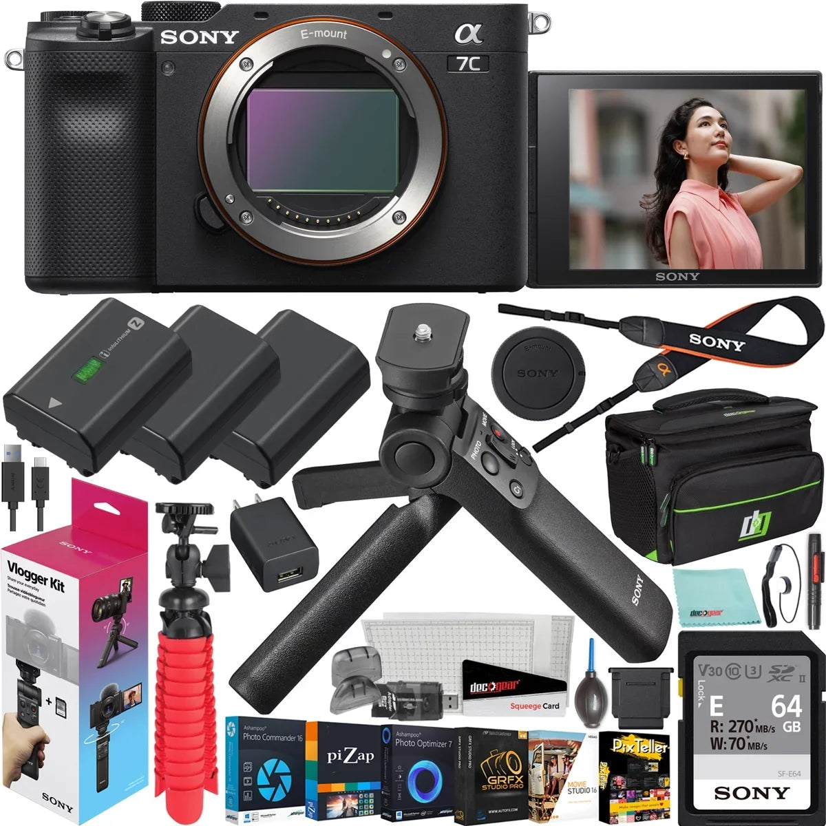 Interchangeable Shooting Battery Frame + ACCVC1 + Vlogger Accessories Remote Gear Bundle & Grip ILCE7C/B Full a7C Sony Bag Body Lens with 2 Camera Wireless GP-VPT2BT Only w. Mirrorless Deco Kit Black