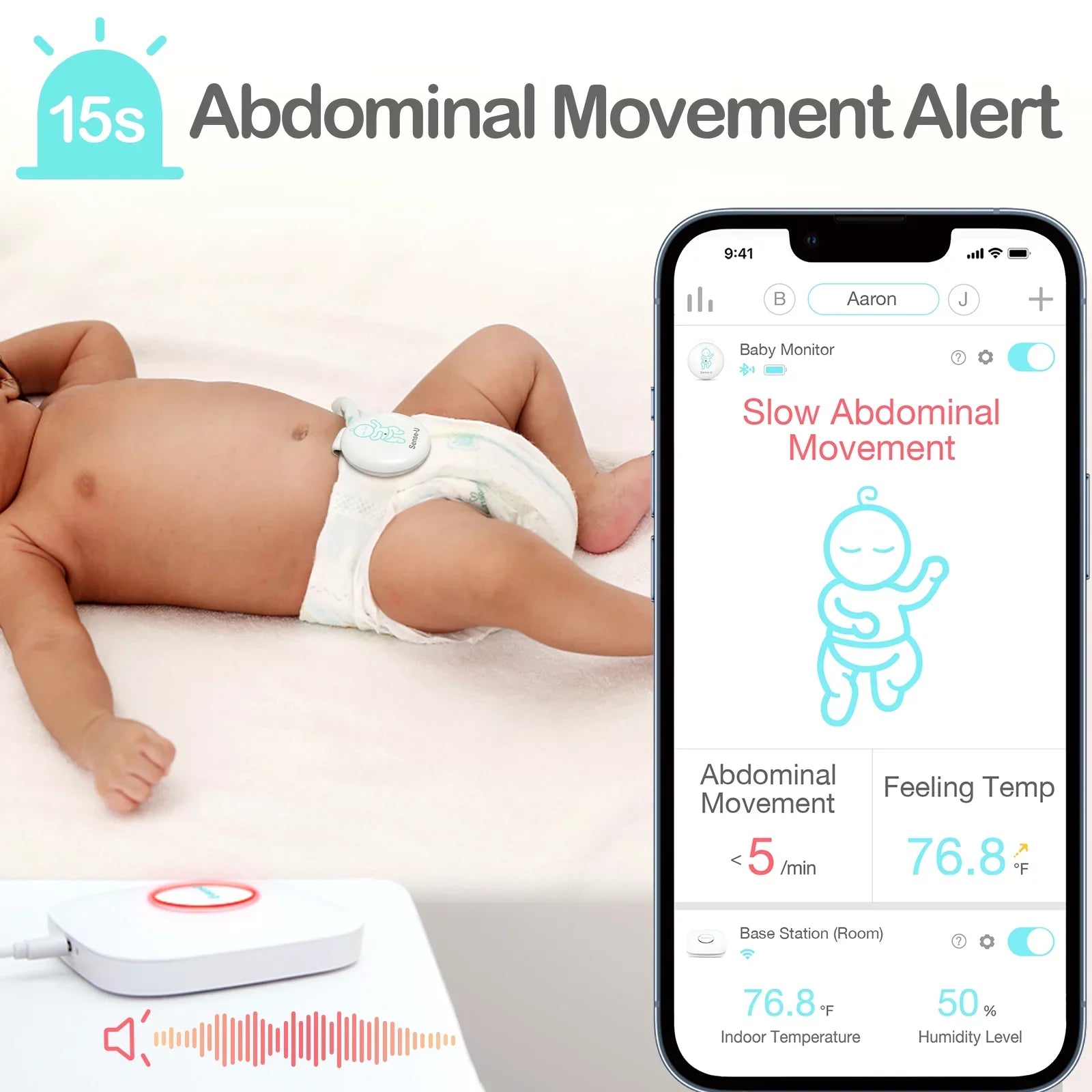 Movement Anywhere, Sense-U Movement, and Base and Position Smart on Sleeping Abdominal - Anytime, Baby's Monitor Baby Abdominal Green Tracks Humidity - Station Temperature, Smartphone Rollover,