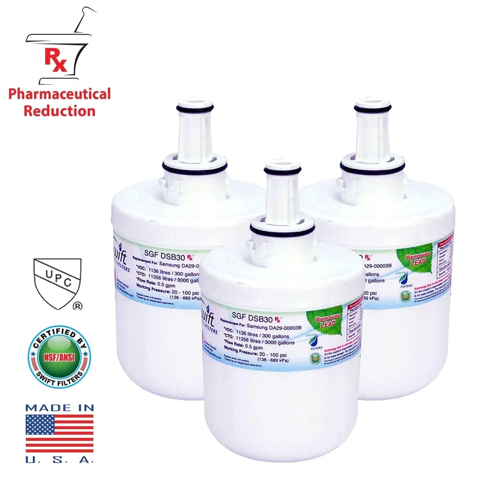 SGF-DSB30 Samsung for Filters(Pack Rx Pharmaceutical Replacement Refrigerators Swift Filters of Water Green 3) DA2900003G