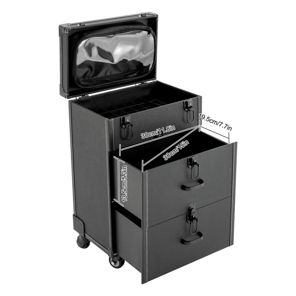 4 ZhdnBhnos Rolling w/ Makeup Trolley Wheels Box Case & Cosmetic Storage Organizer Lock Train Polish (Black) Luggage Nail
