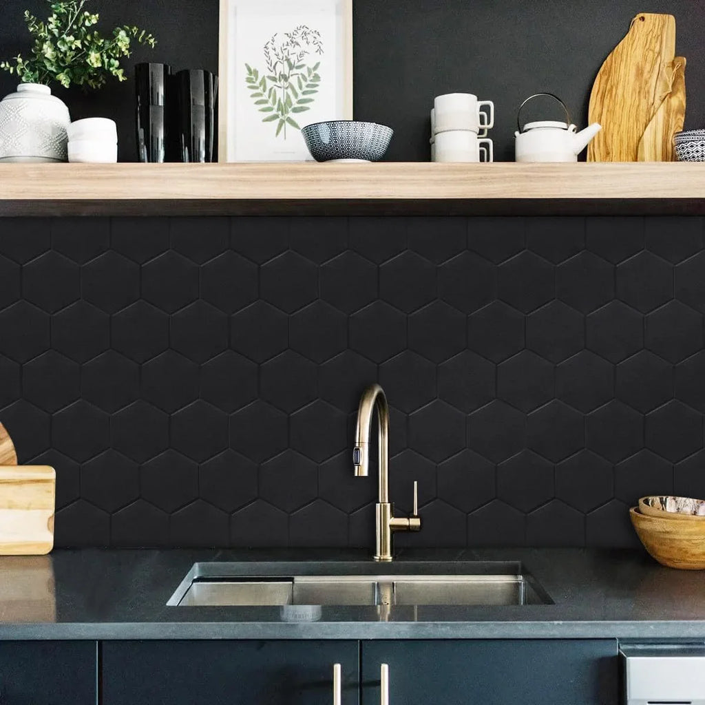 Real and Self Matte Black Tiles Bathroom(11.57''x10.35'',10-Sheet) Hexagon Big Adhesive 3D Stick Kitchen Peel PET Backsplash for