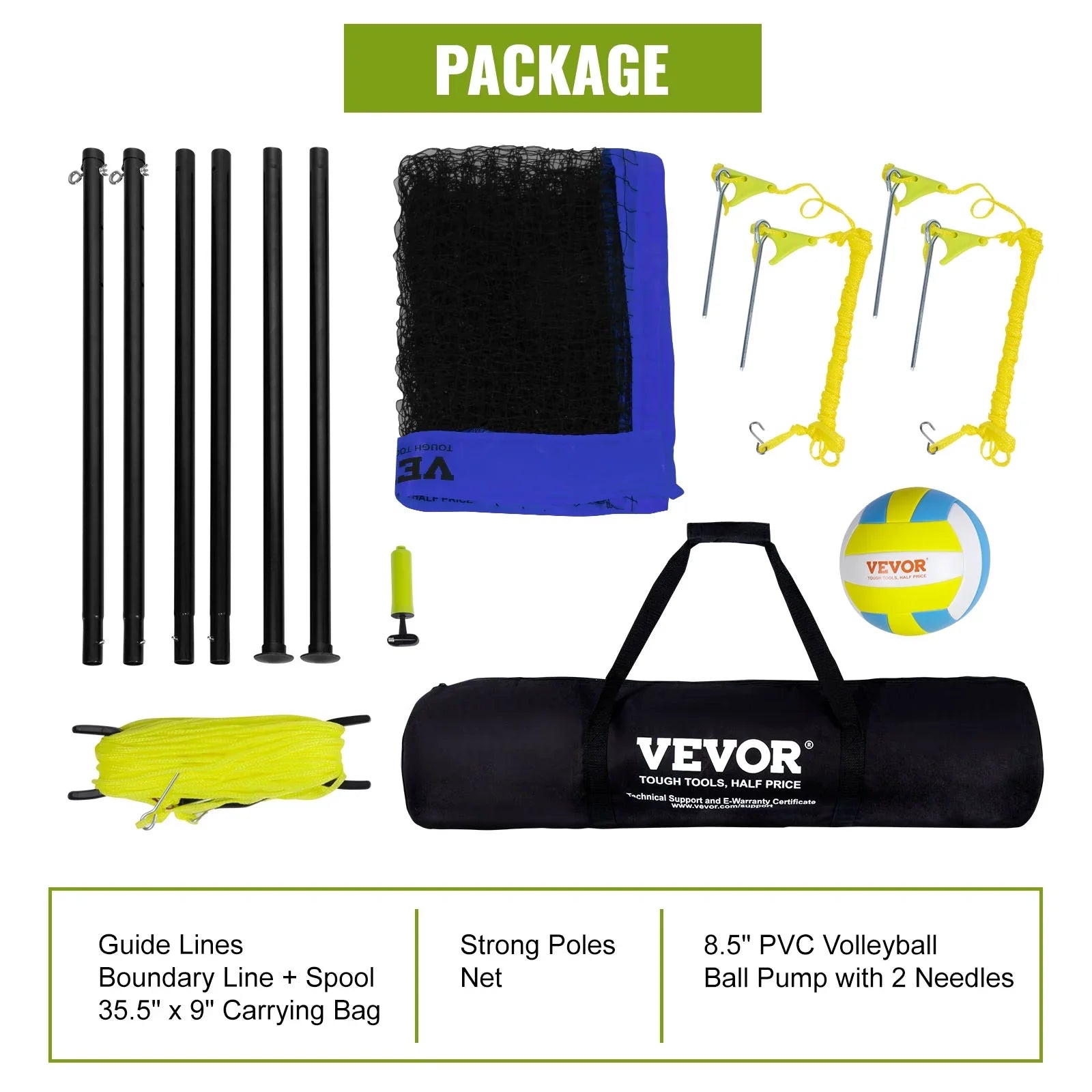 32ft Poles Portable Carrying BENTISM PVC x Pump Boundary 3ft Steel Adjustable Sports with & Volleyball, Outdoor Poles Height Net Volleyball for System Bag, Lines,