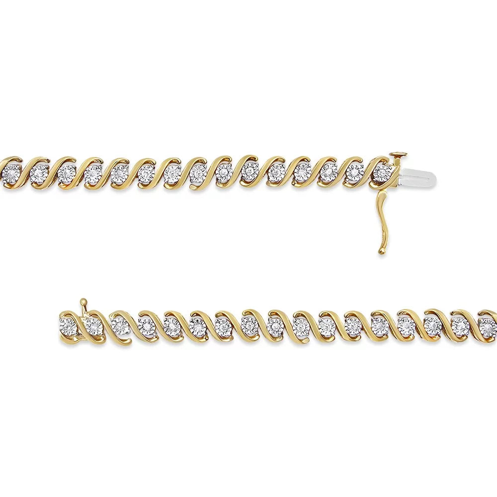 Color, 7" 14K Cttw Miracle-Set Clarity) Diamond Round - .925 Silver Sterling Bracelet 1/2 Tennis Plated S-Curve I3 Yellow Gold (I-J
