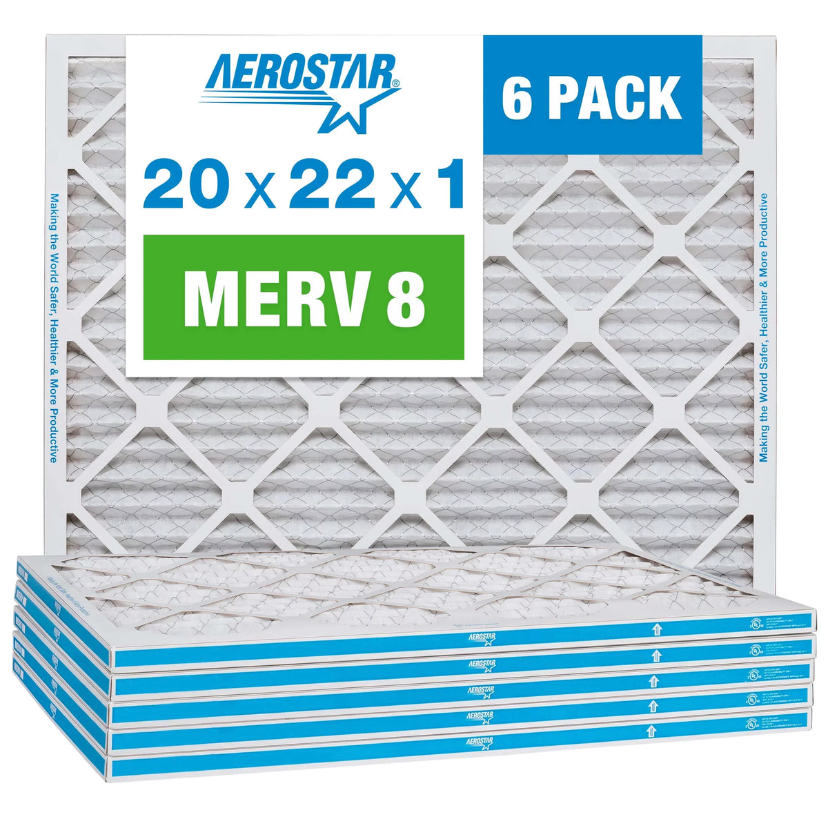 Aerostar Filter, 20x22x1 Filter, 8 Air Furnace Air Pleated 6 MERV AC Pack