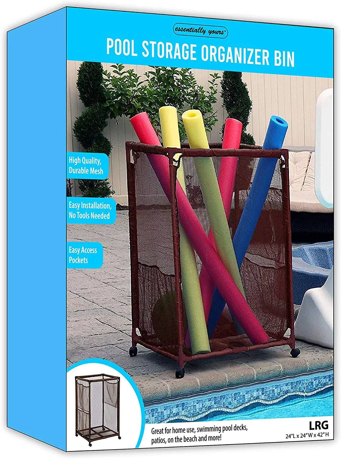 Kids Essentially 28" and Balls, Equipment Noodles Pool (43" x Brown Mesh Storage L 25" x Yours Rolling Style Organizer Toys, Holder, W Floats Large, 563009 Height, Bin, H),