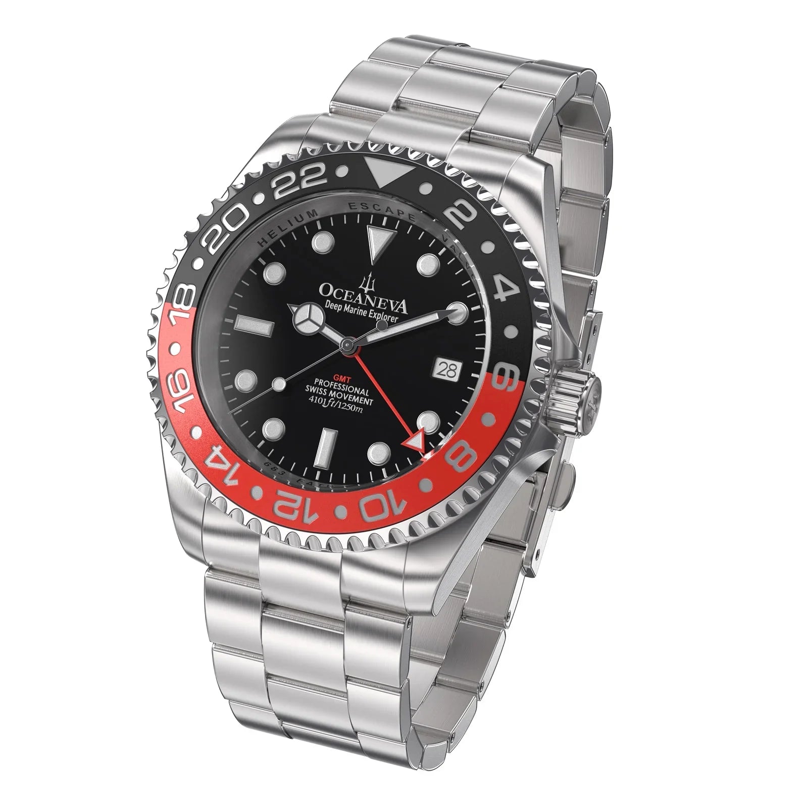 Men's Marine Diver Stainless and Explorer Swiss Movement 1250M Black- Watch Pro Bracelet Steel Oceaneva™ GMT Quartz, Red Deep