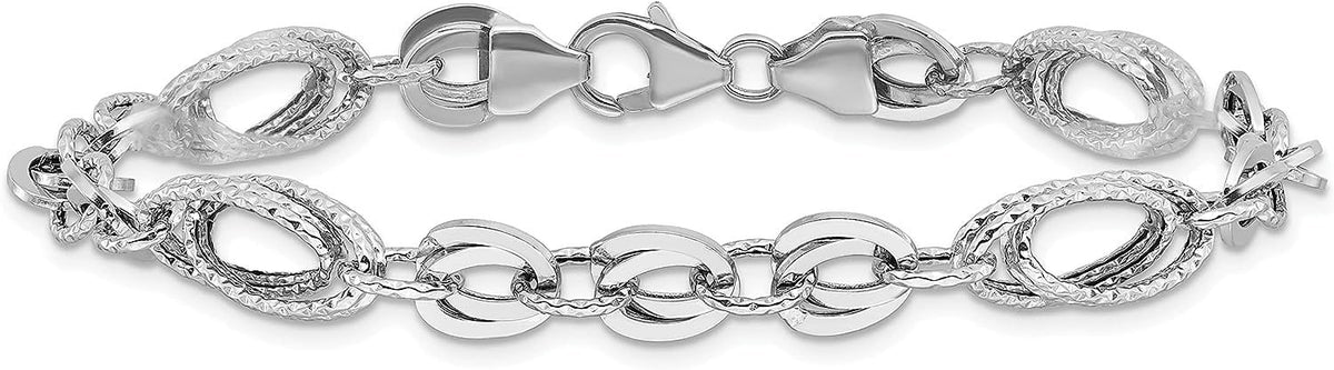Oval Polished White Avariah Gold Fancy Italy Bracelet Textured 7.75"- 14k Made Diamonds Link In - &