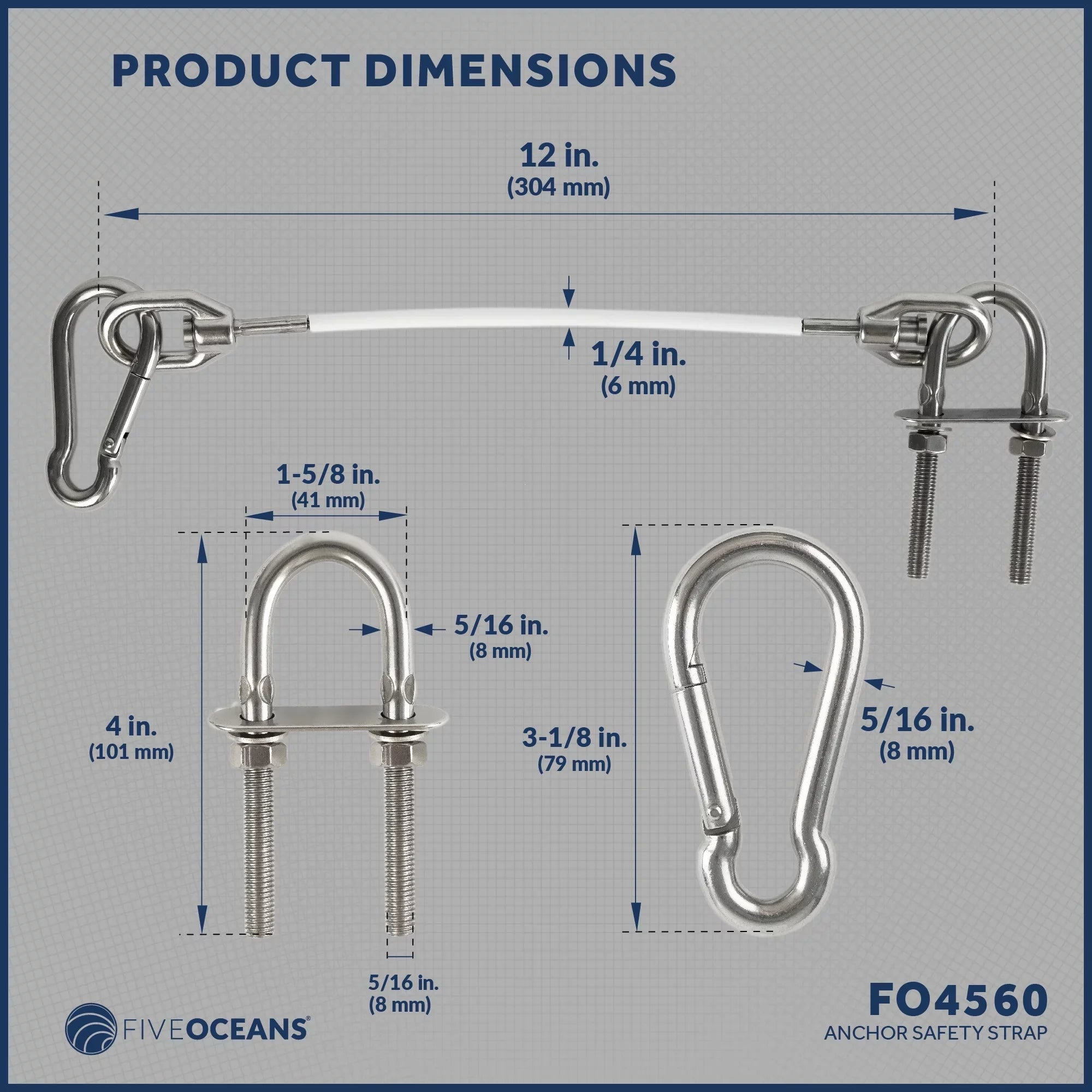 '- FO4560 Five PVC Straps, Wire Safety and Oceans 5/16-Inch Steel 7x19 U-Bolt 12-Inch Snap Duty Hook Anchor Rope, Heavy Includes Stainless Coated 5/16-Inch Carabiner 6mm
