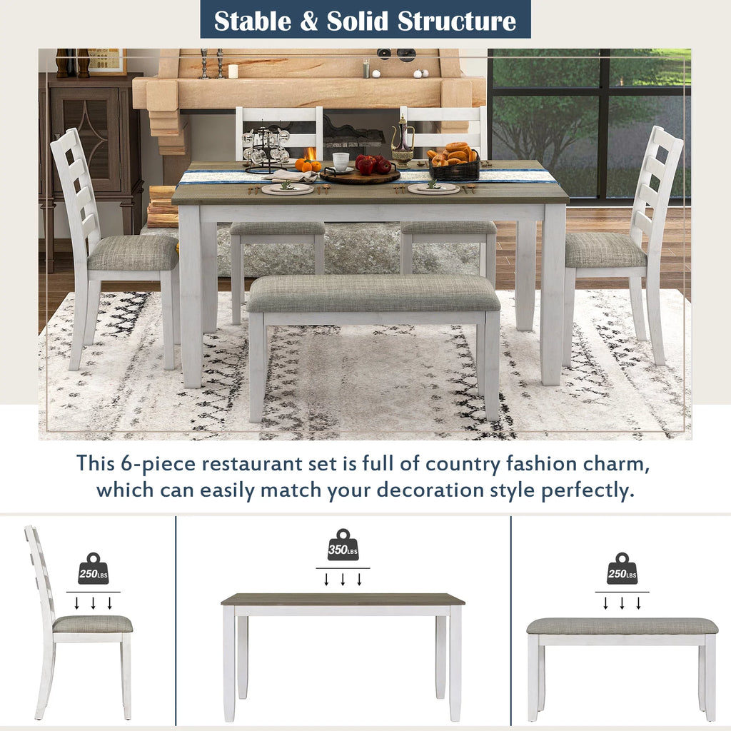 Rustic Upholstered With A 4 CoSoTower Whitewash Table Style Chairs Brown 6-Piece Dining & + Bench, Set Room