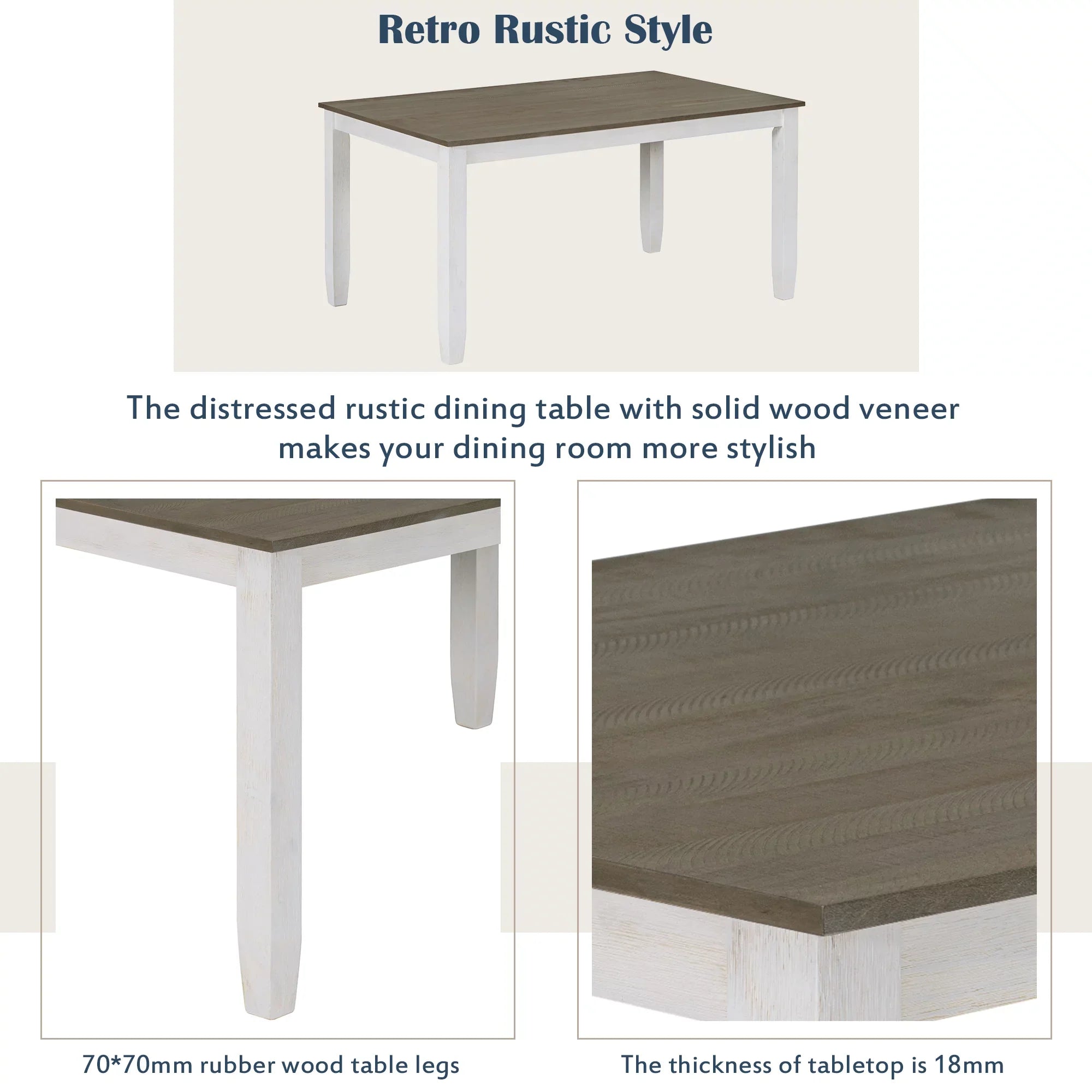 Rustic Upholstered With A 4 CoSoTower Whitewash Table Style Chairs Brown 6-Piece Dining & + Bench, Set Room