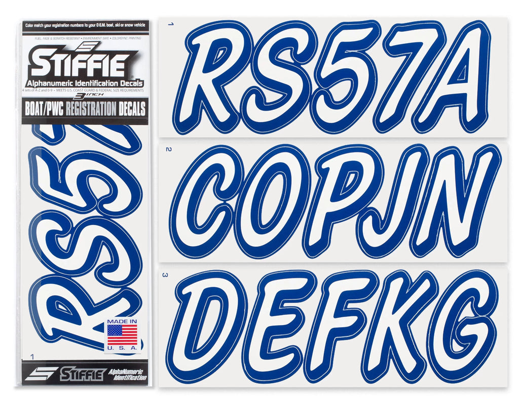 Registration & Numbers Stickers Decals White/Navy Whipline Alpha-Numeric Identification Personal STIFFIE Boats Watercraft Solid 3" for