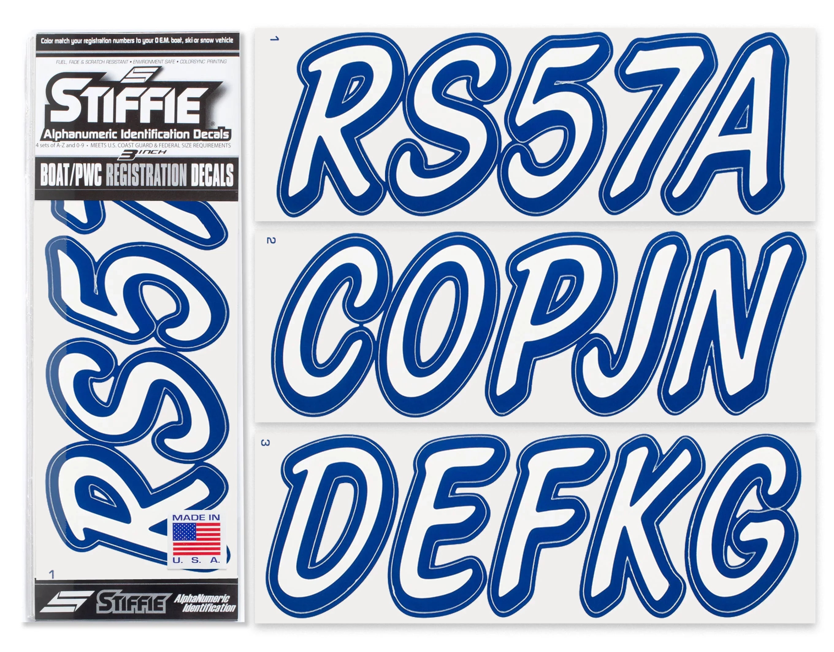 Registration & Numbers Stickers Decals White/Navy Whipline Alpha-Numeric Identification Personal STIFFIE Boats Watercraft Solid 3" for