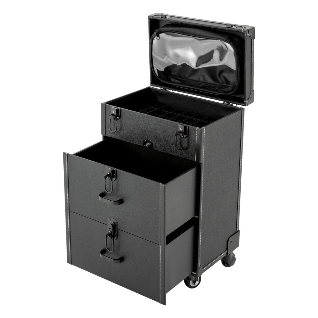4 ZhdnBhnos Rolling w/ Makeup Trolley Wheels Box Case & Cosmetic Storage Organizer Lock Train Polish (Black) Luggage Nail