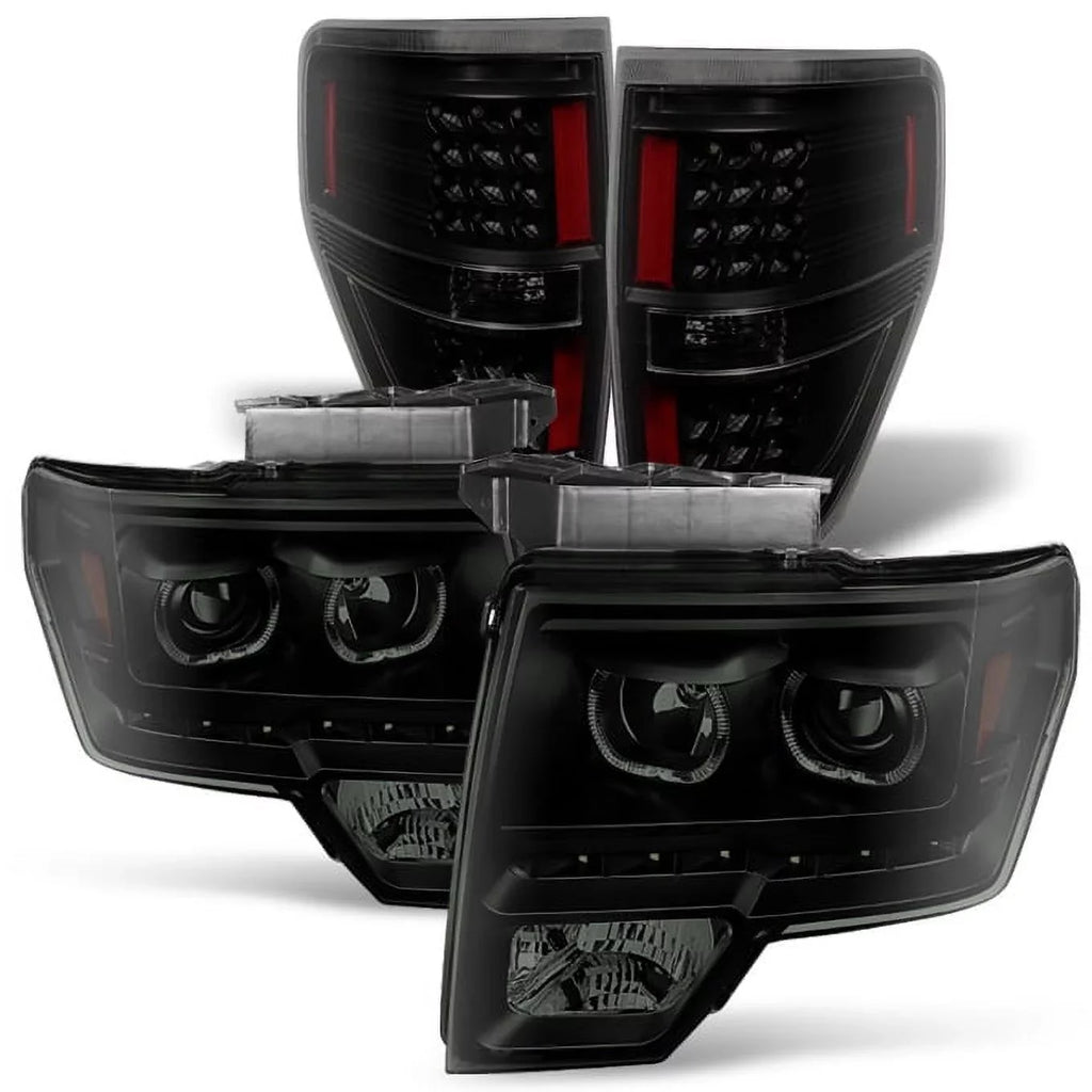 '+ LED F-150 AKKON F150 [Dual Halo - Ring] Truck Projector Set Headlights 09-14 LED Pickup Black Smoked light For Tail