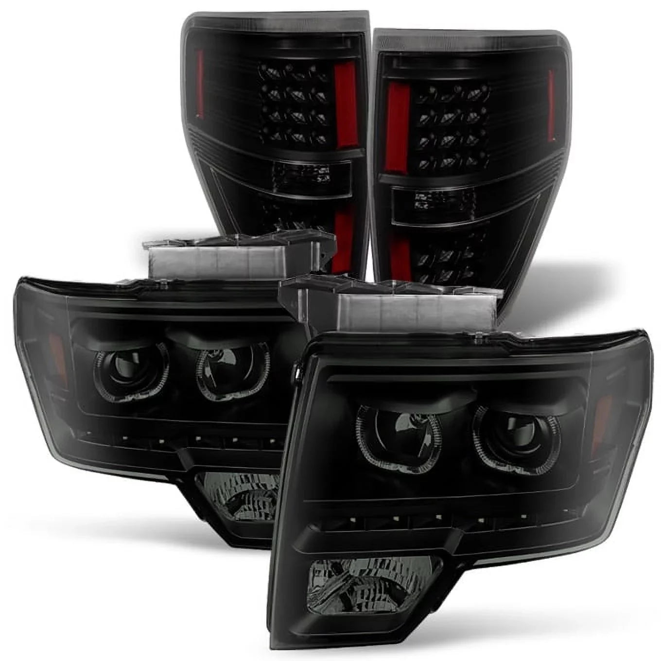 '+ LED F-150 AKKON F150 [Dual Halo - Ring] Truck Projector Set Headlights 09-14 LED Pickup Black Smoked light For Tail