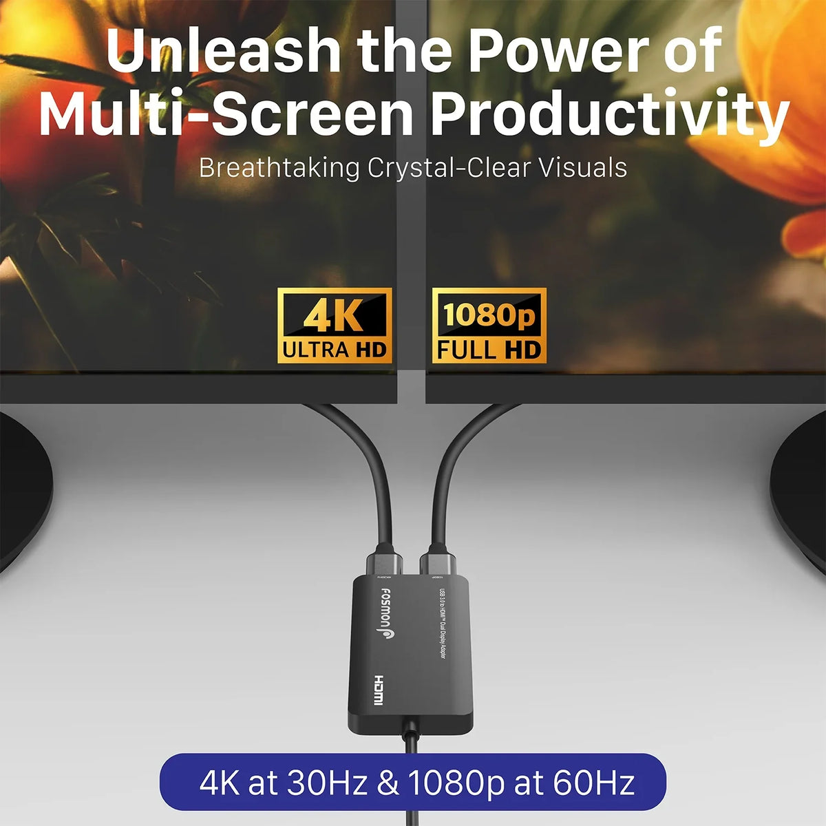 Dual USB-C, Graphics Fosmon USB Monitors Mac Windows Adapter, OS Support Displays 4 3/4, Thunderbolt USB 3.0 Splitter Monitor & Video USB-A, 4K@30Hz+1080P@60Hz, Display to 2.0 HDMI HDMI Adapter, for 6