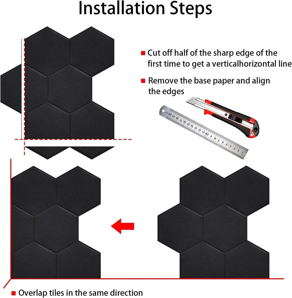 Real and Self Matte Black Tiles Bathroom(11.57''x10.35'',10-Sheet) Hexagon Big Adhesive 3D Stick Kitchen Peel PET Backsplash for